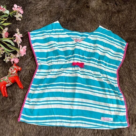 RuffleButts Turquoise White Pink Stripe Kaftan Kimono Swim Coverup Sz 12-24 Mo - Picture 1 of 6